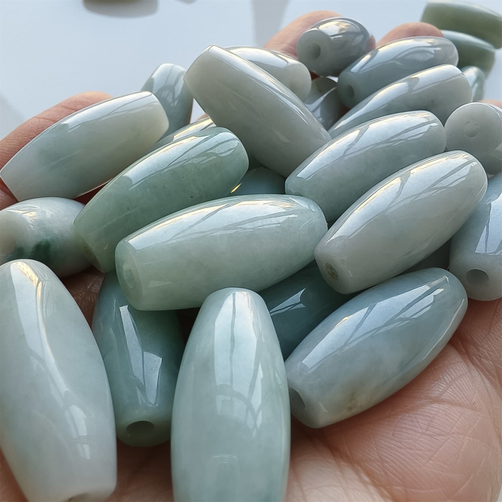 DDP | Natural Certificated Type A 25.8-27X11.8-12.7mm Icy Green White Burmese Jadeite Oval Beads,,DIY Jewelry Supplies