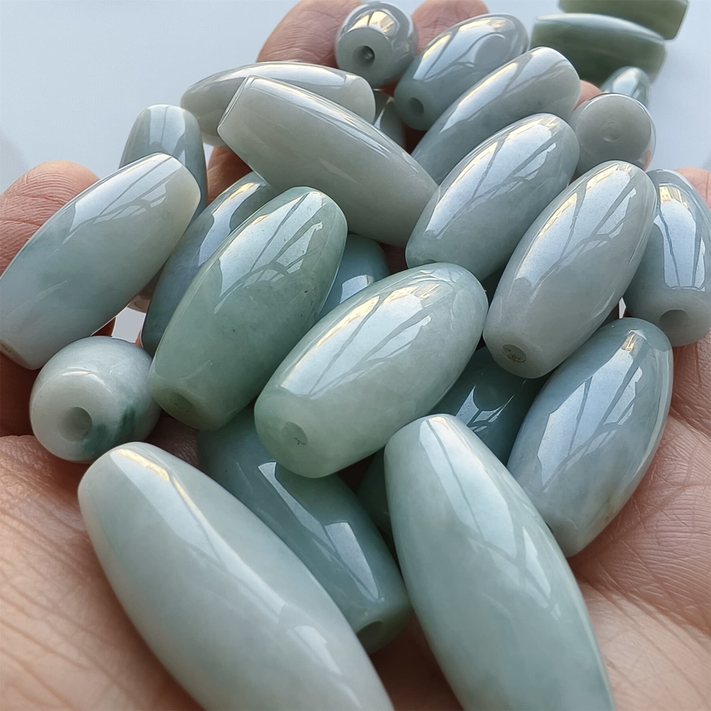 DDP | Natural Certificated Type A 25.8-27X11.8-12.7mm Icy Green White Burmese Jadeite Oval Beads,,DIY Jewelry Supplies