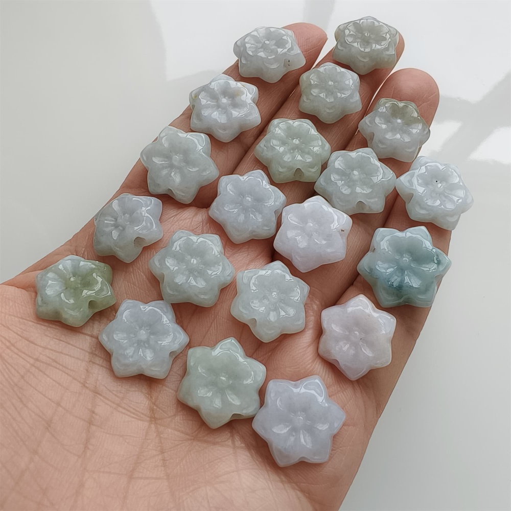 DDP | 5pcs 15.4-17.6X4.6-5mm Natural Certificated Type A Green White Burmese Jadeite Flower Beads,Go Through Hole Beads,DIY Jewelry Supplies