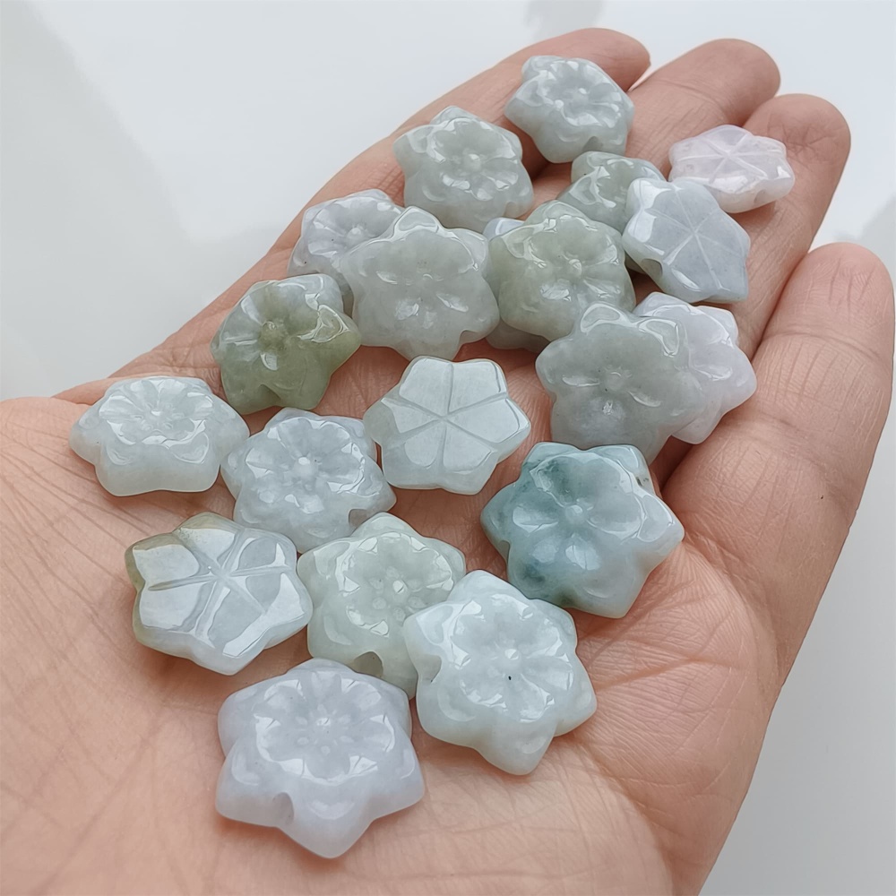 DDP | 5pcs 15.4-17.6X4.6-5mm Natural Certificated Type A Green White Burmese Jadeite Flower Beads,Go Through Hole Beads,DIY Jewelry Supplies
