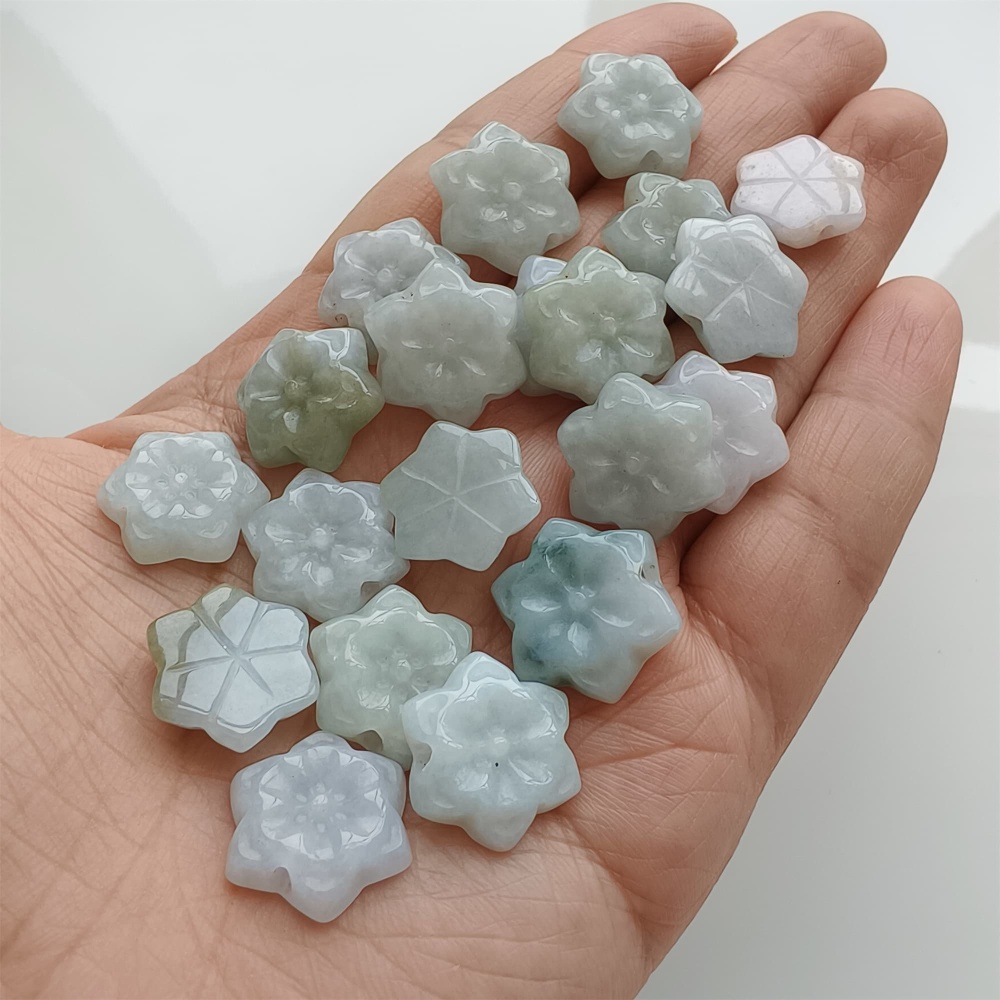 DDP | 5pcs 15.4-17.6X4.6-5mm Natural Certificated Type A Green White Burmese Jadeite Flower Beads,Go Through Hole Beads,DIY Jewelry Supplies