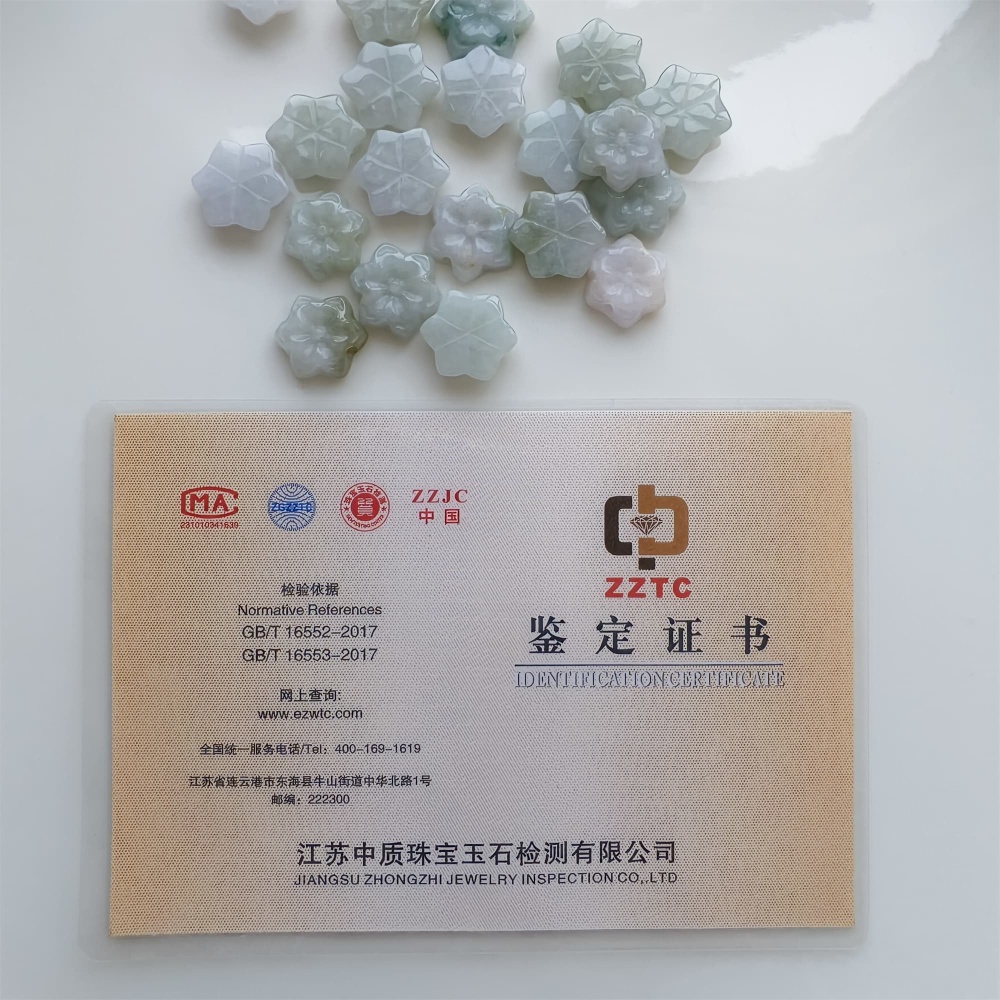 DDP | 5pcs 15.4-17.6X4.6-5mm Natural Certificated Type A Green White Burmese Jadeite Flower Beads,Go Through Hole Beads,DIY Jewelry Supplies