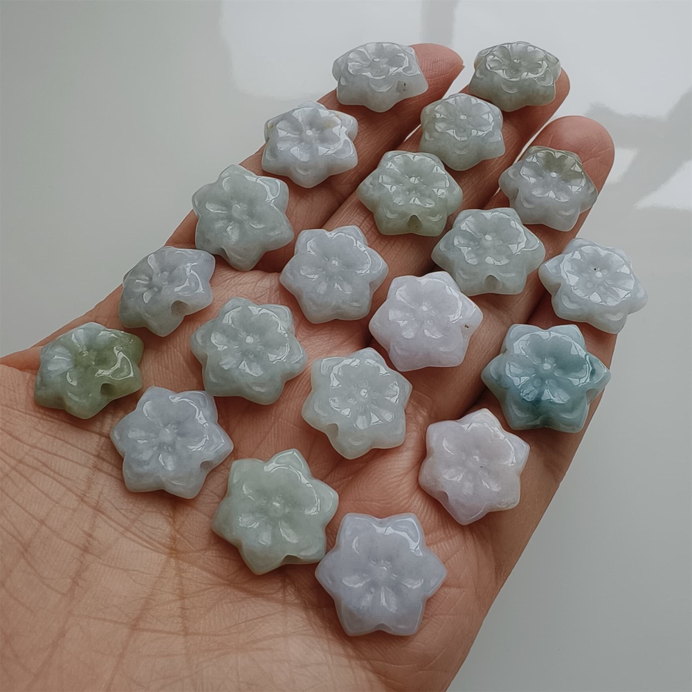 DDP | 5pcs 15.4-17.6X4.6-5mm Natural Certificated Type A Green White Burmese Jadeite Flower Beads,Go Through Hole Beads,DIY Jewelry Supplies