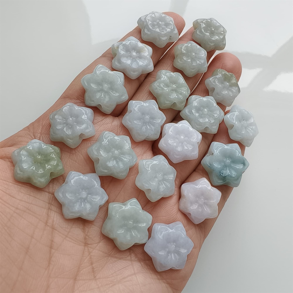 DDP | 5pcs 15.4-17.6X4.6-5mm Natural Certificated Type A Green White Burmese Jadeite Flower Beads,Go Through Hole Beads,DIY Jewelry Supplies