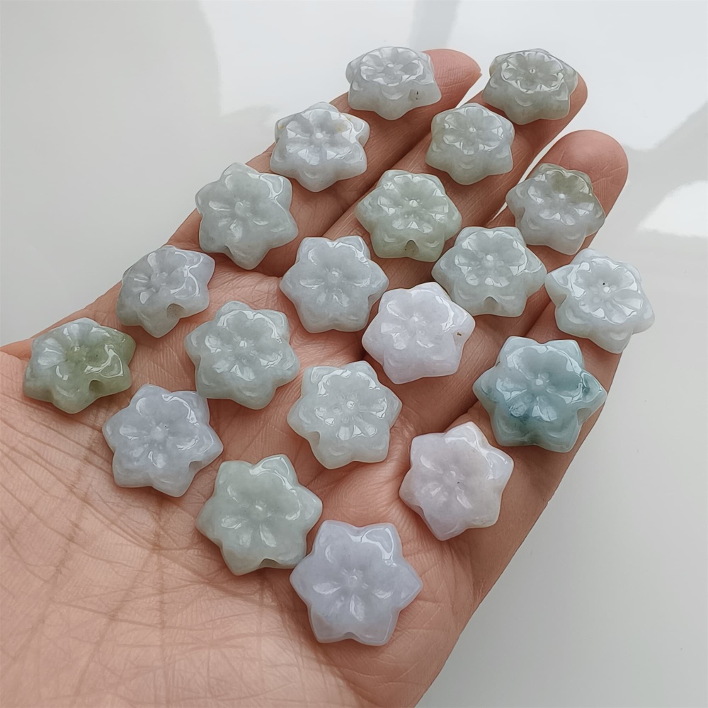 DDP | 5pcs 15.4-17.6X4.6-5mm Natural Certificated Type A Green White Burmese Jadeite Flower Beads,Go Through Hole Beads,DIY Jewelry Supplies