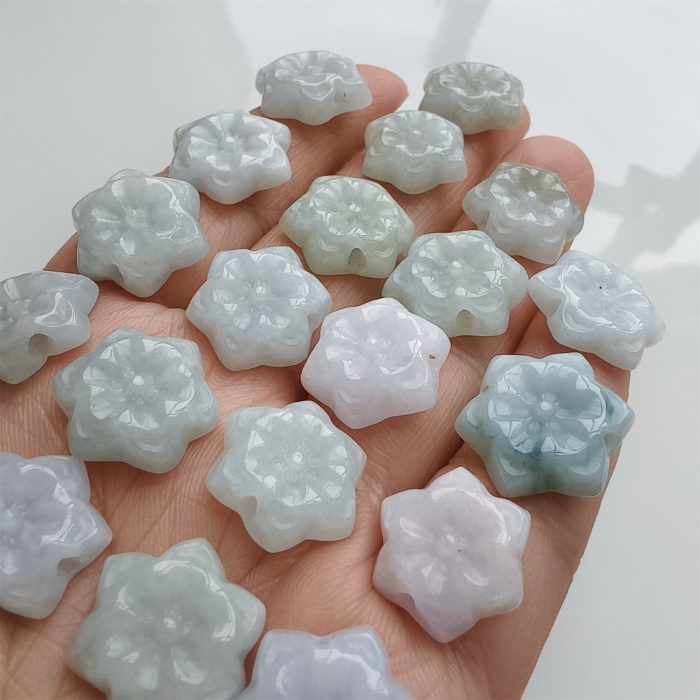 DDP | 5pcs 15.4-17.6X4.6-5mm Natural Certificated Type A Green White Burmese Jadeite Flower Beads,Go Through Hole Beads,DIY Jewelry Supplies