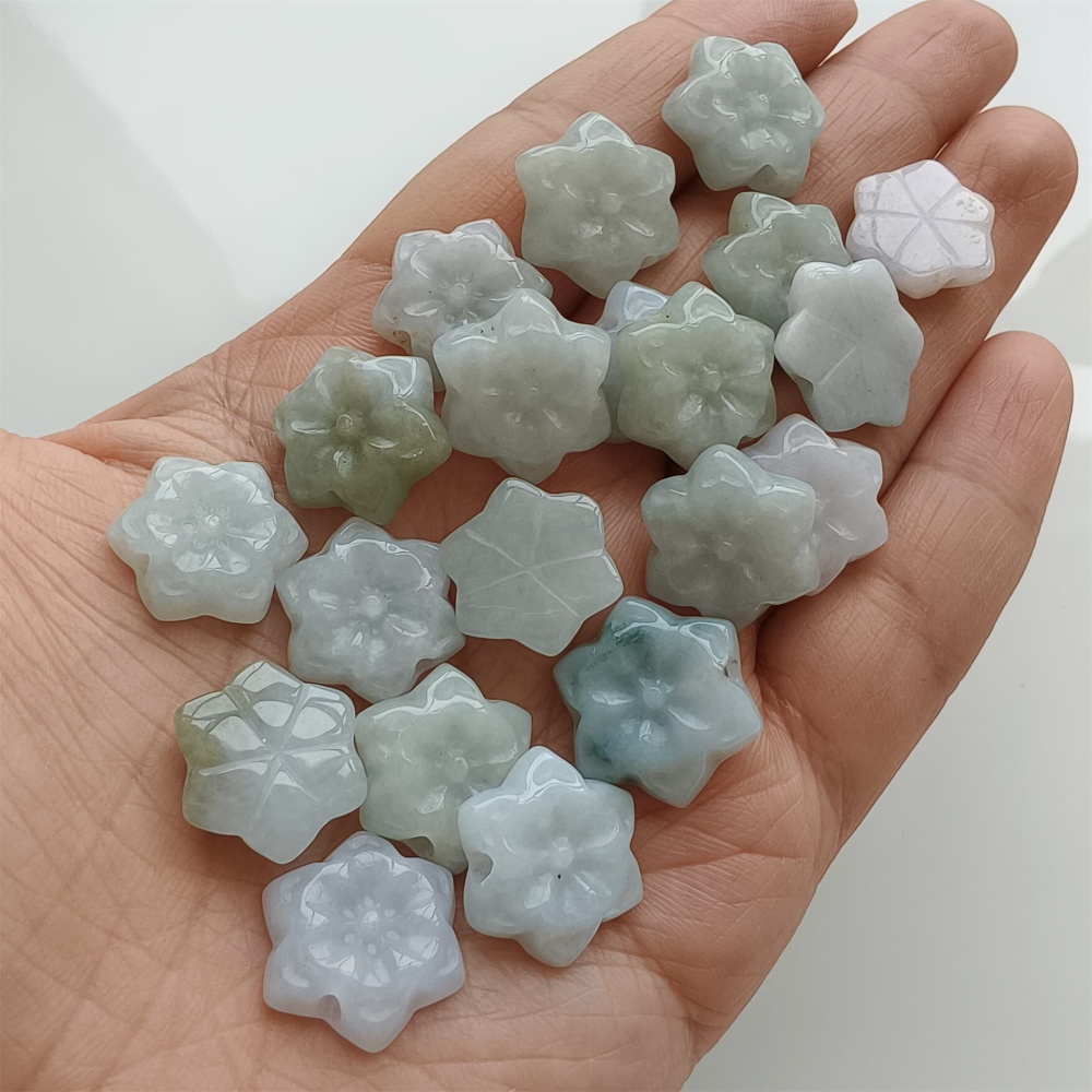 DDP | 5pcs 15.4-17.6X4.6-5mm Natural Certificated Type A Green White Burmese Jadeite Flower Beads,Go Through Hole Beads,DIY Jewelry Supplies