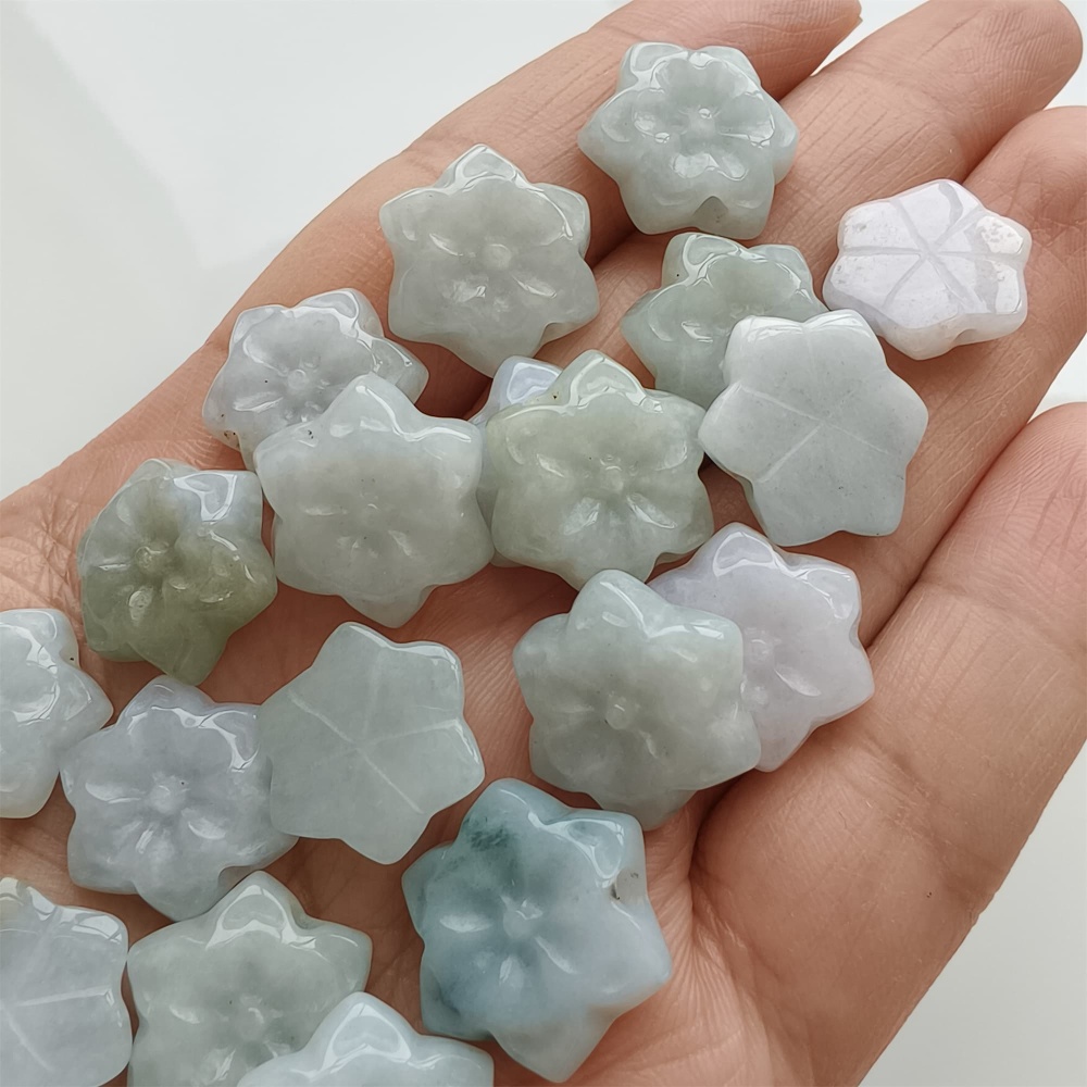 DDP | 5pcs 15.4-17.6X4.6-5mm Natural Certificated Type A Green White Burmese Jadeite Flower Beads,Go Through Hole Beads,DIY Jewelry Supplies