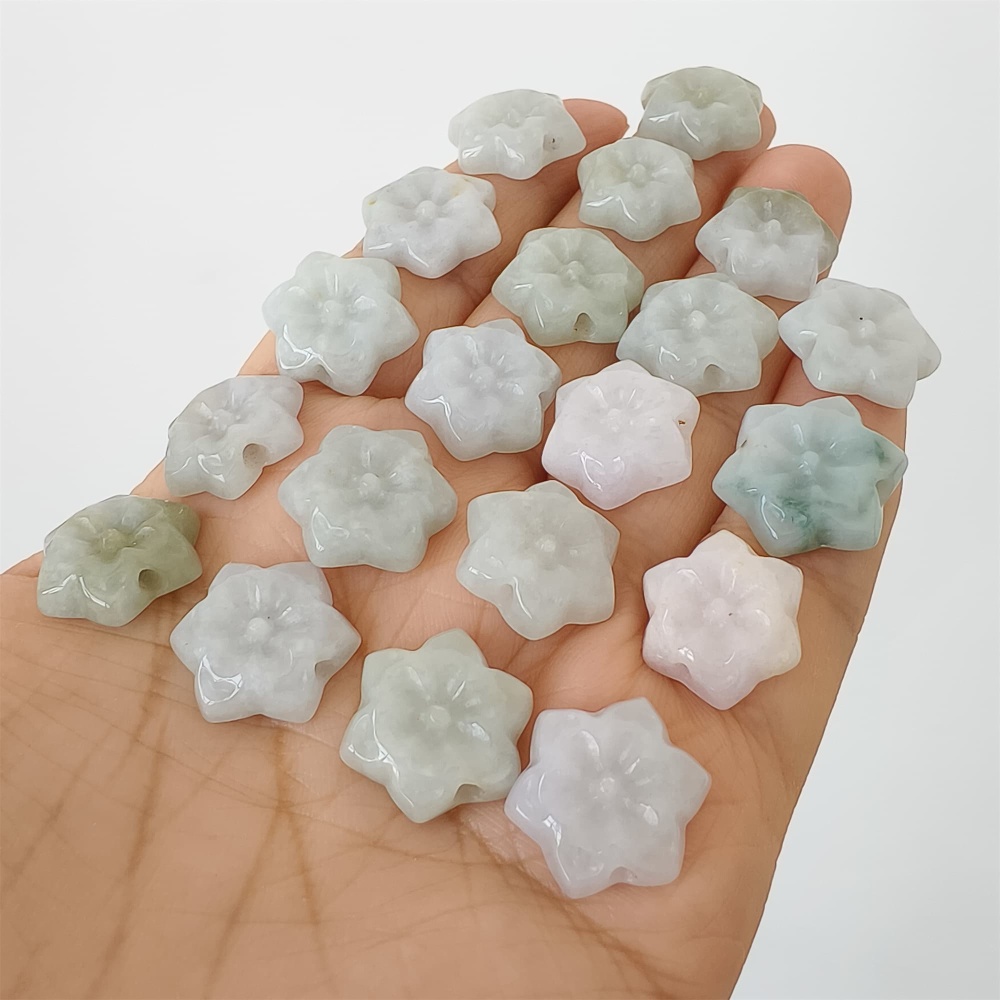 DDP | 5pcs 15.4-17.6X4.6-5mm Natural Certificated Type A Green White Burmese Jadeite Flower Beads,Go Through Hole Beads,DIY Jewelry Supplies