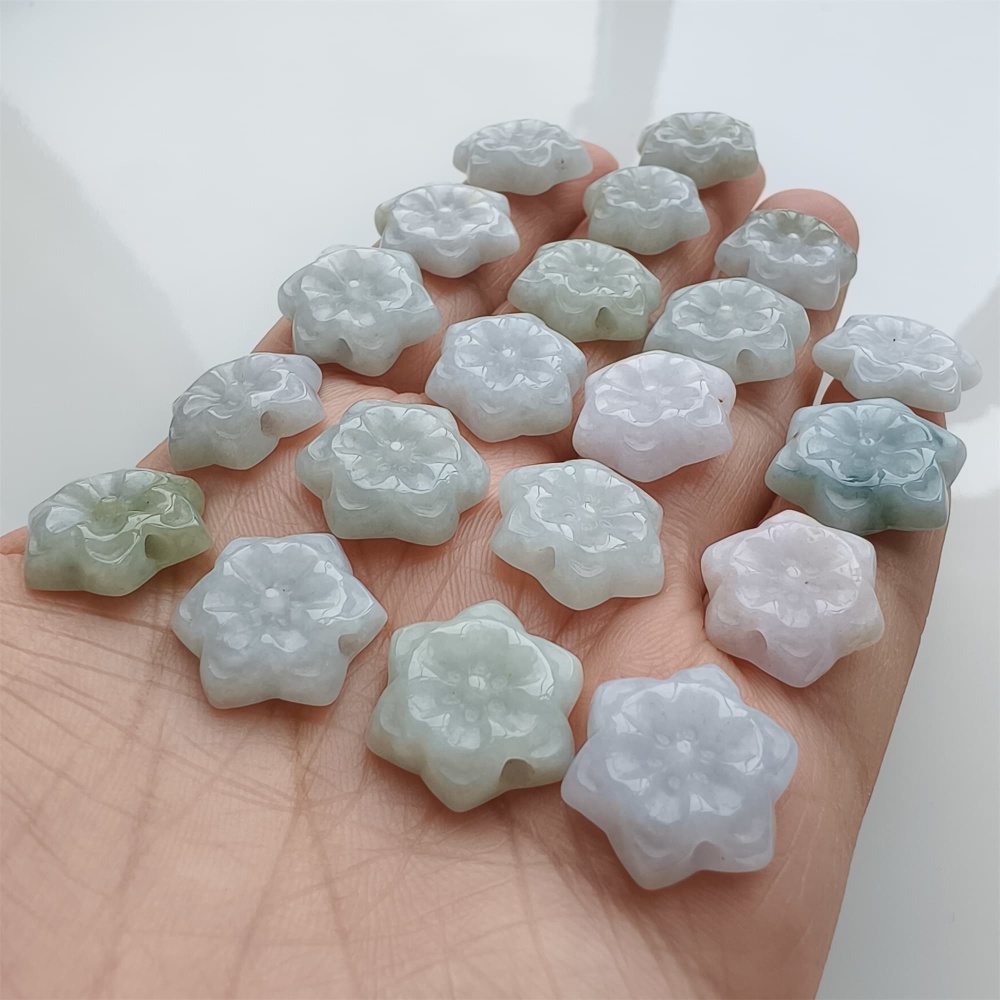 DDP | 5pcs 15.4-17.6X4.6-5mm Natural Certificated Type A Green White Burmese Jadeite Flower Beads,Go Through Hole Beads,DIY Jewelry Supplies