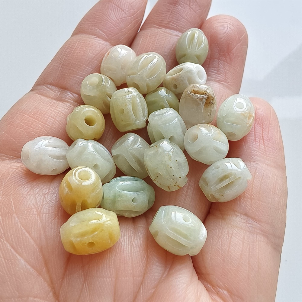 DDP | 10pcs 10X8mm Natural Certificated Type A Green White Yellow Burmese Jadeite Oval Beads With Ancient Coin Carved,DIY Jewelry Supplies