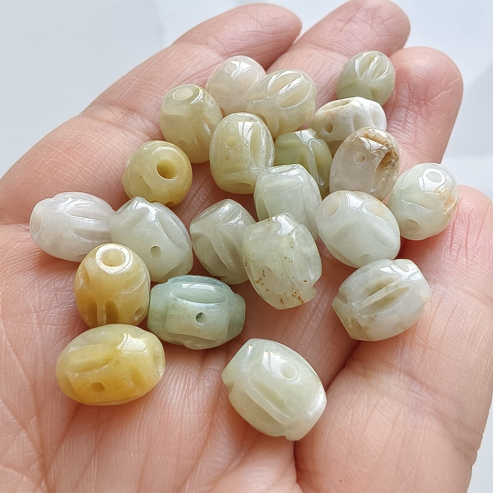 DDP | 10pcs 10X8mm Natural Certificated Type A Green White Yellow Burmese Jadeite Oval Beads With Ancient Coin Carved,DIY Jewelry Supplies