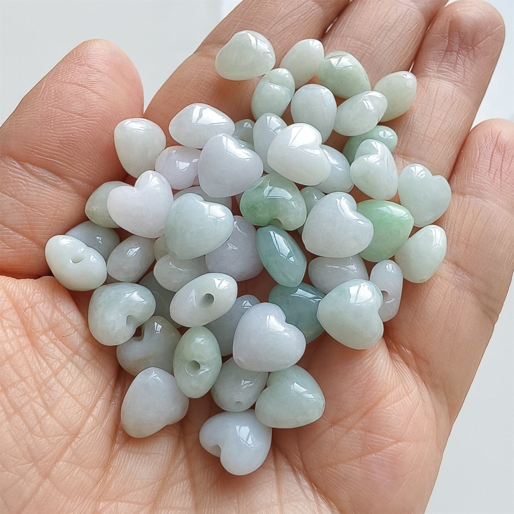 DDP | 10pcs Natural Certificated Type A 9X10mm Green White Burmese Jadeite Heart Beads,Go through Hole Beads,DIY Jewelry Supplies