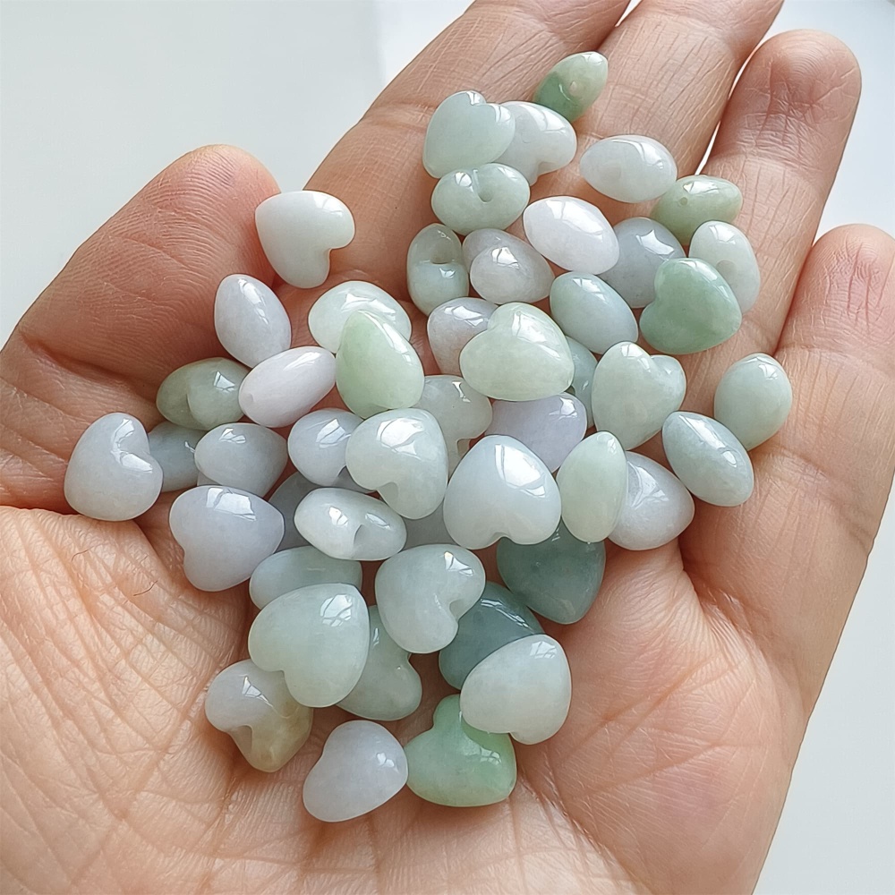 DDP | 10pcs Natural Certificated Type A 9X10mm Green White Burmese Jadeite Heart Beads,Go through Hole Beads,DIY Jewelry Supplies