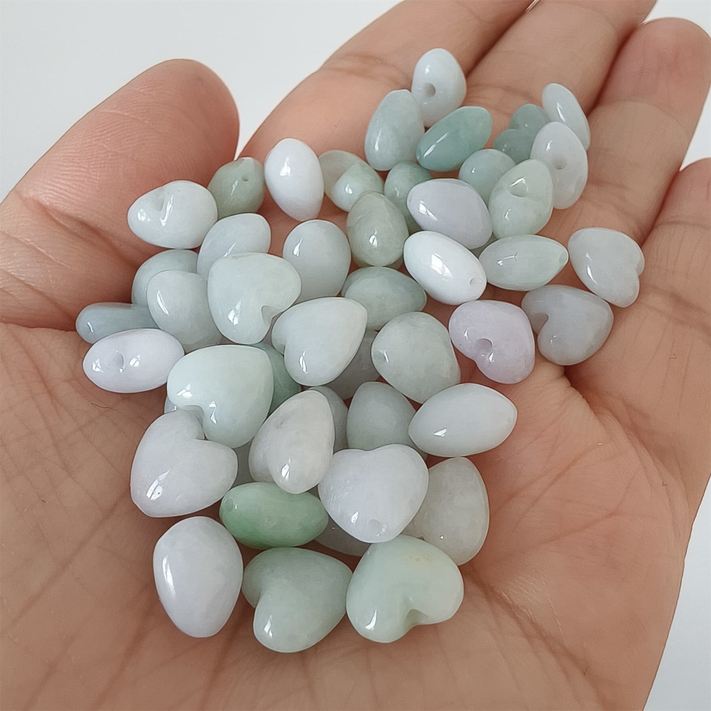 DDP | 10pcs Natural Certificated Type A 9X10mm Green White Burmese Jadeite Heart Beads,Go through Hole Beads,DIY Jewelry Supplies