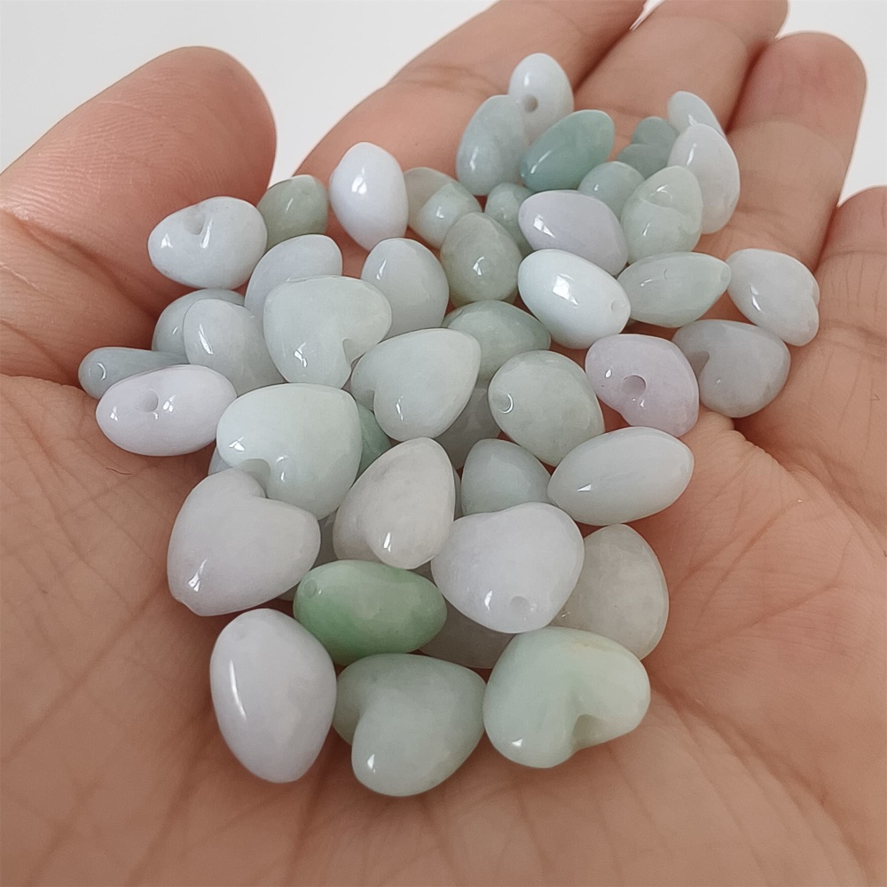 DDP | 10pcs Natural Certificated Type A 9X10mm Green White Burmese Jadeite Heart Beads,Go through Hole Beads,DIY Jewelry Supplies