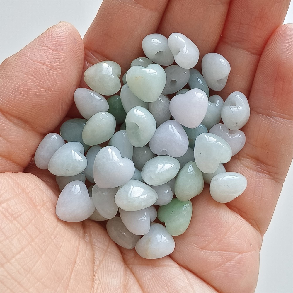 DDP | 10pcs Natural Certificated Type A 9X10mm Green White Burmese Jadeite Heart Beads,Go through Hole Beads,DIY Jewelry Supplies