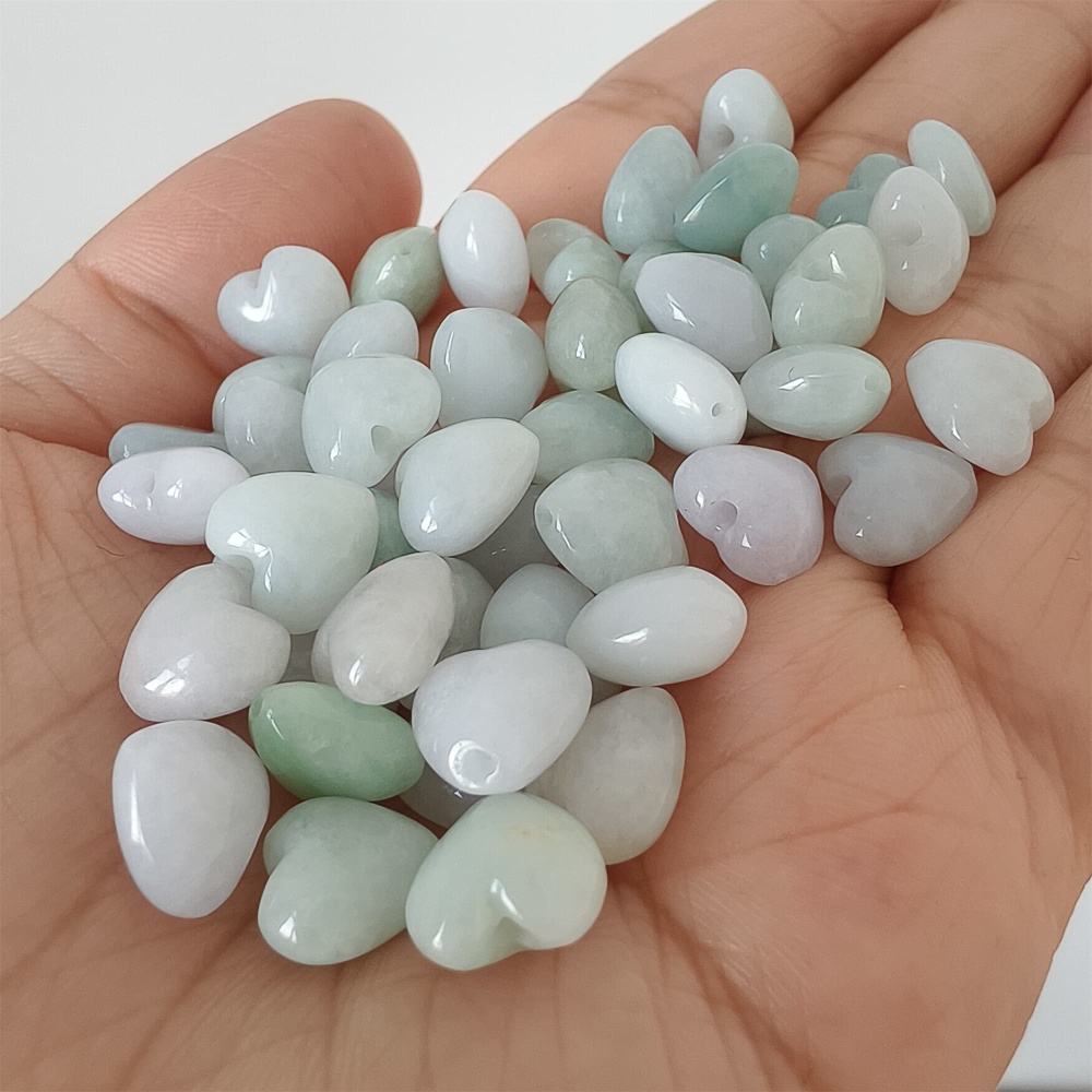 DDP | 10pcs Natural Certificated Type A 9X10mm Green White Burmese Jadeite Heart Beads,Go through Hole Beads,DIY Jewelry Supplies