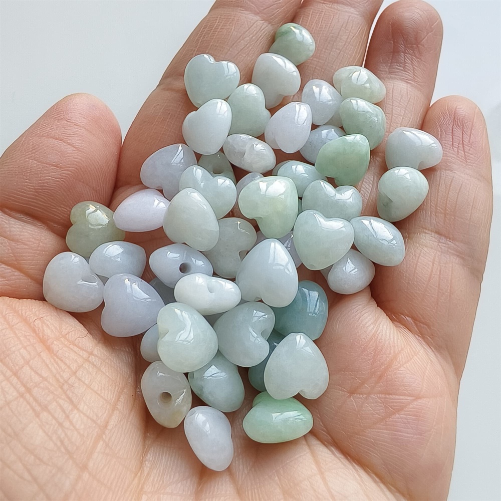 DDP | 10pcs Natural Certificated Type A 9X10mm Green White Burmese Jadeite Heart Beads,Go through Hole Beads,DIY Jewelry Supplies