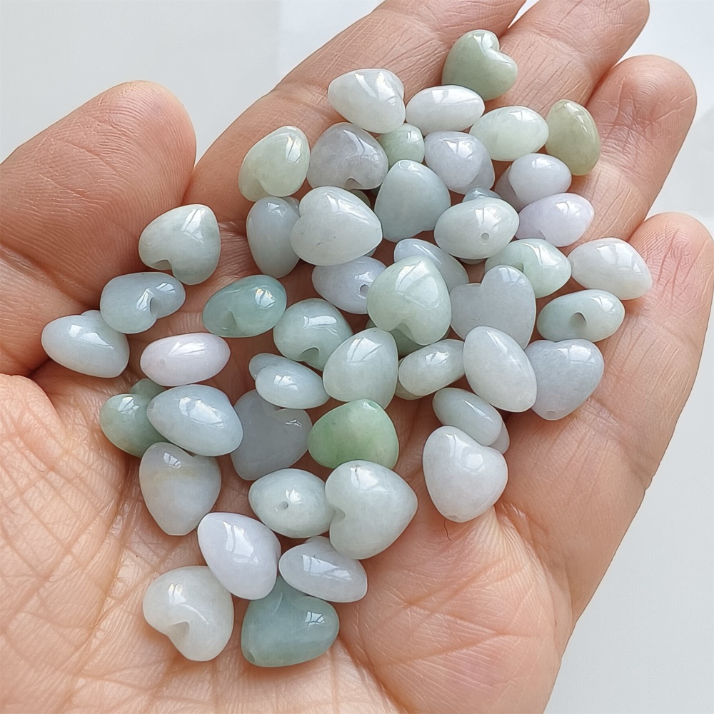 DDP | 10pcs Natural Certificated Type A 9X10mm Green White Burmese Jadeite Heart Beads,Go through Hole Beads,DIY Jewelry Supplies