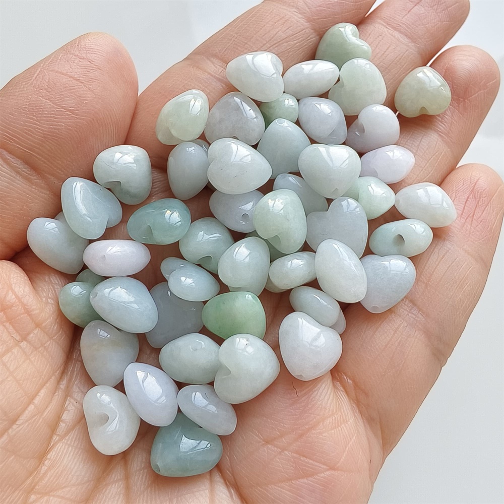 DDP | 10pcs Natural Certificated Type A 9X10mm Green White Burmese Jadeite Heart Beads,Go through Hole Beads,DIY Jewelry Supplies