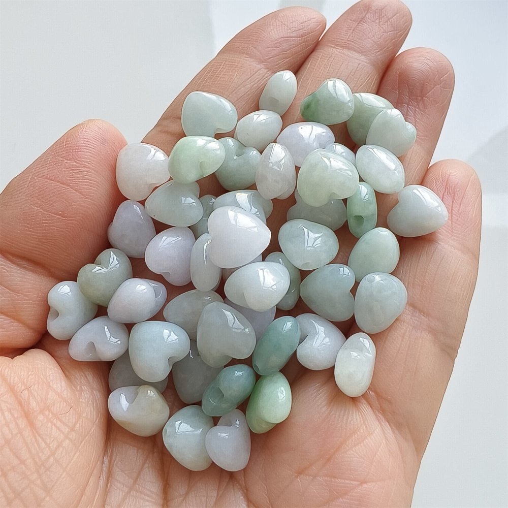DDP | 10pcs Natural Certificated Type A 9X10mm Green White Burmese Jadeite Heart Beads,Go through Hole Beads,DIY Jewelry Supplies