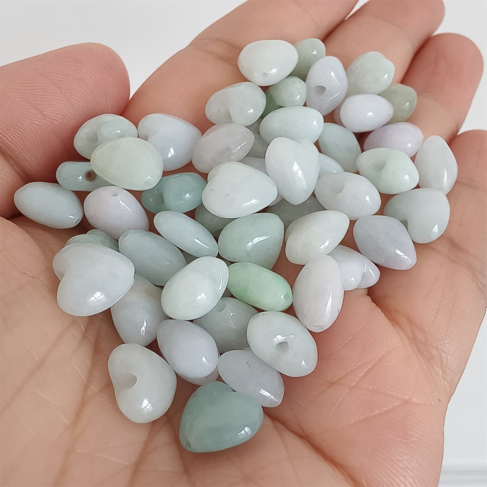 DDP | 10pcs Natural Certificated Type A 9X10mm Green White Burmese Jadeite Heart Beads,Go through Hole Beads,DIY Jewelry Supplies