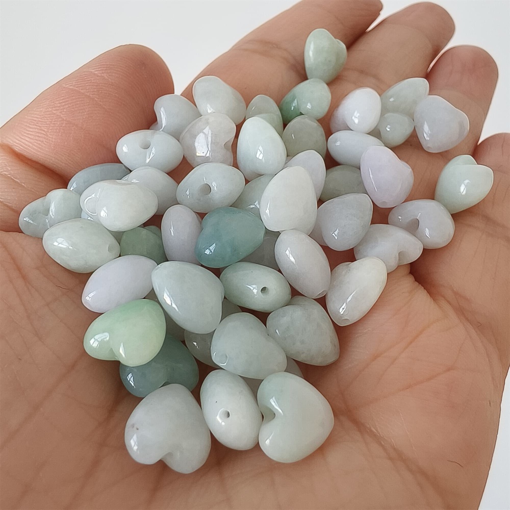 DDP | 10pcs Natural Certificated Type A 9X10mm Green White Burmese Jadeite Heart Beads,Go through Hole Beads,DIY Jewelry Supplies