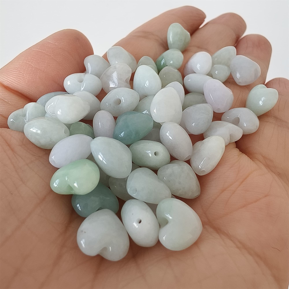 DDP | 10pcs Natural Certificated Type A 9X10mm Green White Burmese Jadeite Heart Beads,Go through Hole Beads,DIY Jewelry Supplies
