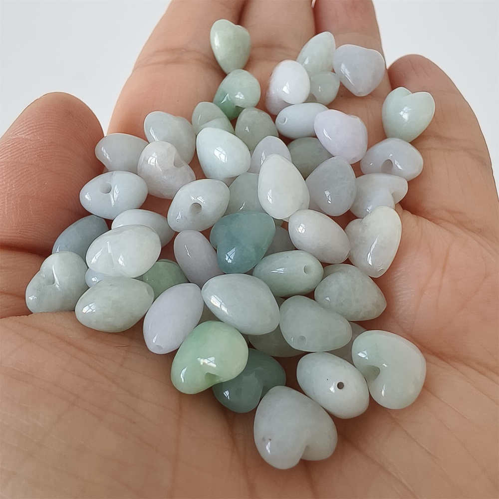 DDP | 10pcs Natural Certificated Type A 9X10mm Green White Burmese Jadeite Heart Beads,Go through Hole Beads,DIY Jewelry Supplies