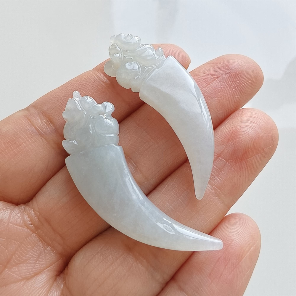 DDP | Natural Certificated Type A 31.6-34.4X3.5-4.2mm Icy White Burmese Jadeite Dragon Tooth Pendant,White Jadeite Pendant,DIY Jewelry Supplies