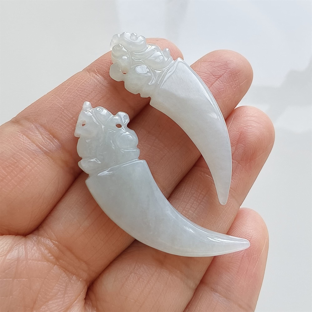 DDP | Natural Certificated Type A 31.6-34.4X3.5-4.2mm Icy White Burmese Jadeite Dragon Tooth Pendant,White Jadeite Pendant,DIY Jewelry Supplies