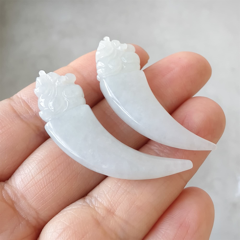 DDP | Natural Certificated Type A 31.6-34.4X3.5-4.2mm Icy White Burmese Jadeite Dragon Tooth Pendant,White Jadeite Pendant,DIY Jewelry Supplies