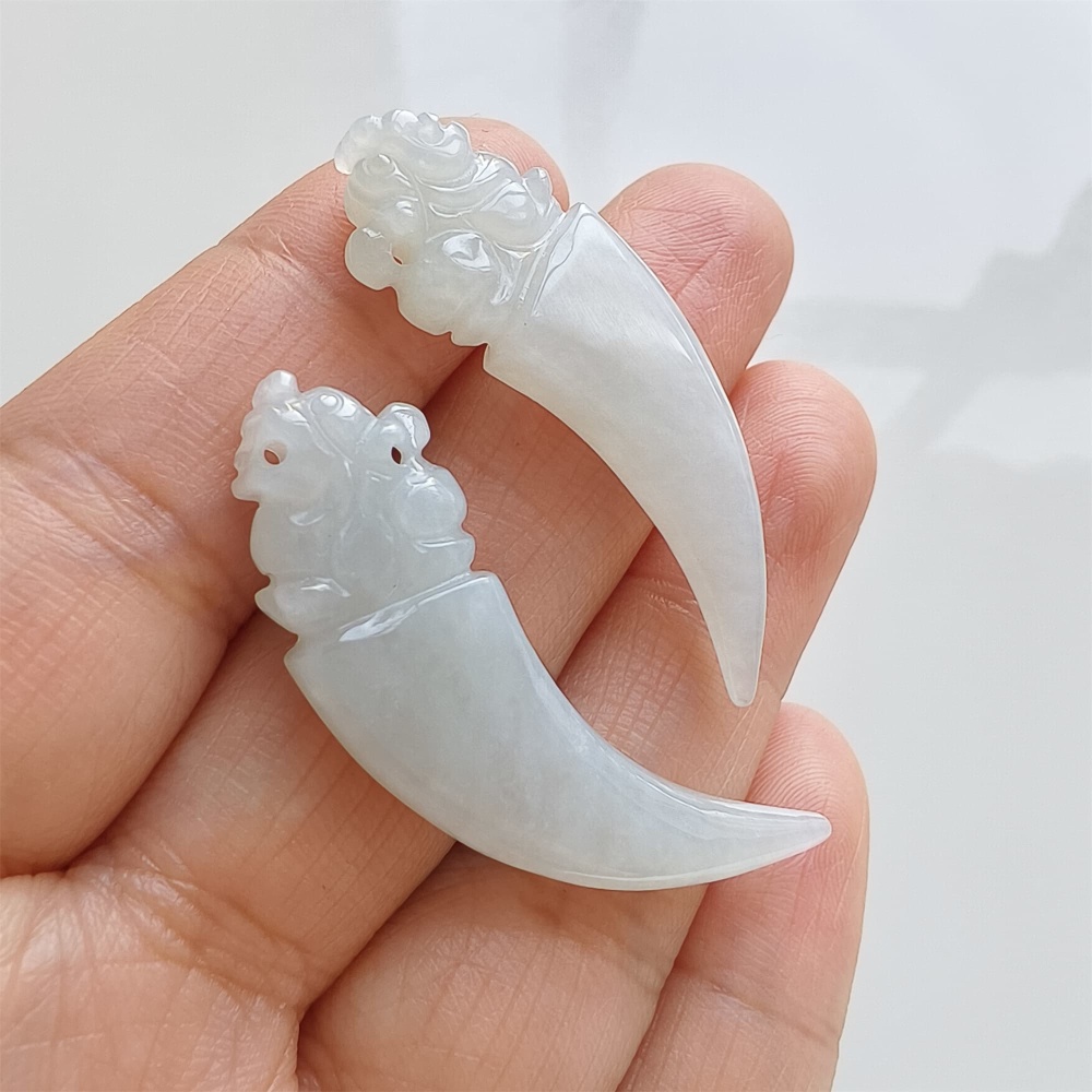 DDP | Natural Certificated Type A 31.6-34.4X3.5-4.2mm Icy White Burmese Jadeite Dragon Tooth Pendant,White Jadeite Pendant,DIY Jewelry Supplies
