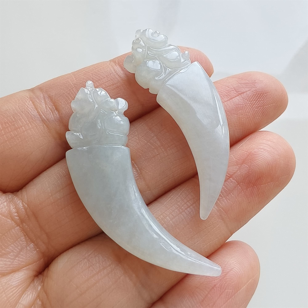 DDP | Natural Certificated Type A 31.6-34.4X3.5-4.2mm Icy White Burmese Jadeite Dragon Tooth Pendant,White Jadeite Pendant,DIY Jewelry Supplies