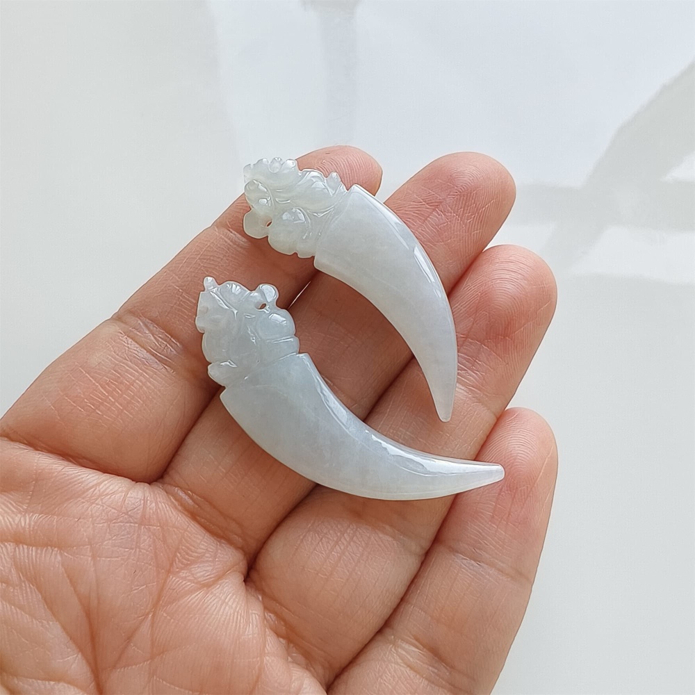 DDP | Natural Certificated Type A 31.6-34.4X3.5-4.2mm Icy White Burmese Jadeite Dragon Tooth Pendant,White Jadeite Pendant,DIY Jewelry Supplies