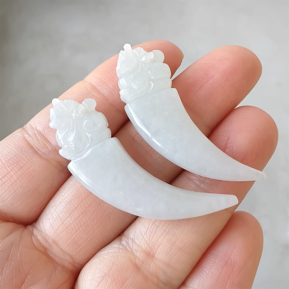 DDP | Natural Certificated Type A 31.6-34.4X3.5-4.2mm Icy White Burmese Jadeite Dragon Tooth Pendant,White Jadeite Pendant,DIY Jewelry Supplies