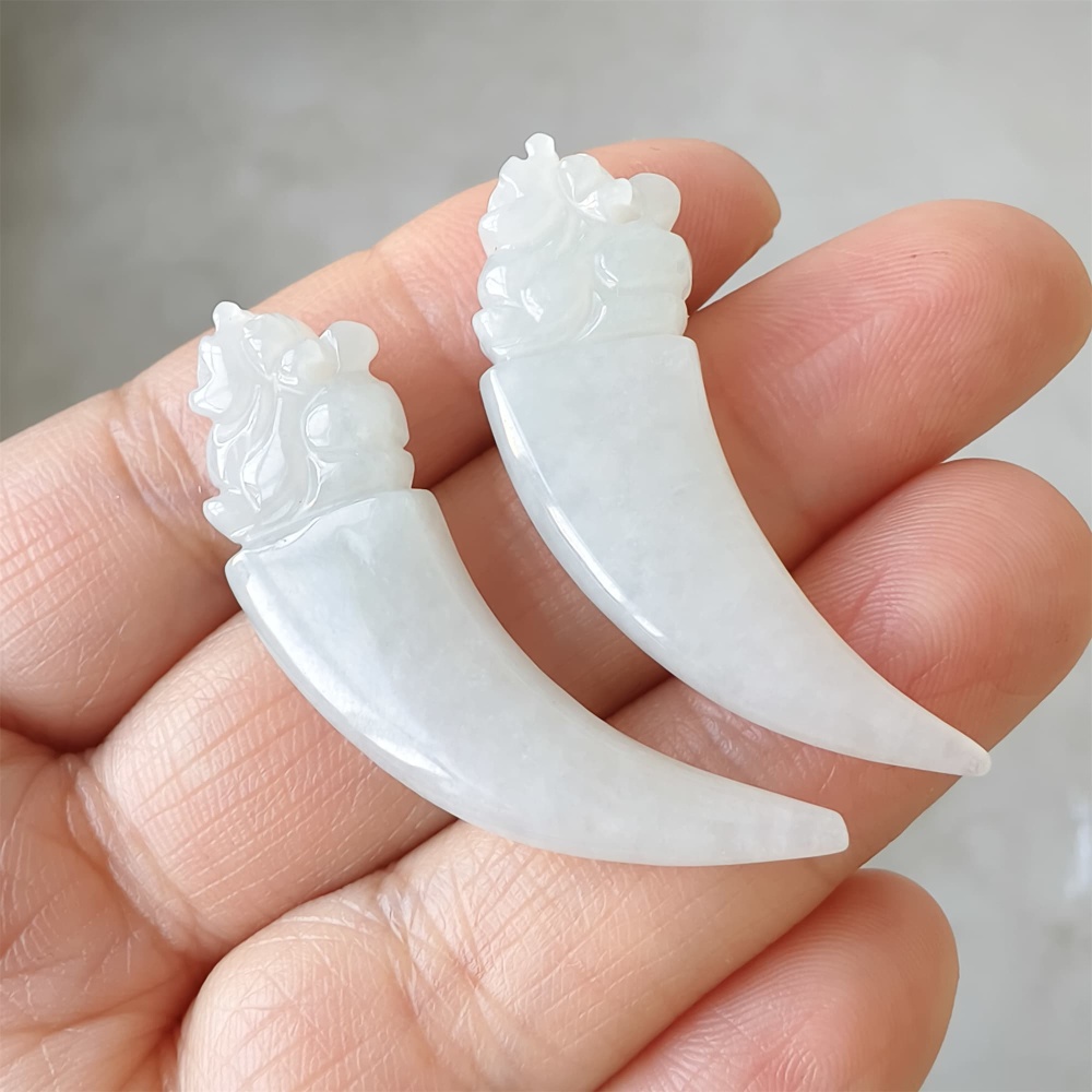 DDP | Natural Certificated Type A 31.6-34.4X3.5-4.2mm Icy White Burmese Jadeite Dragon Tooth Pendant,White Jadeite Pendant,DIY Jewelry Supplies