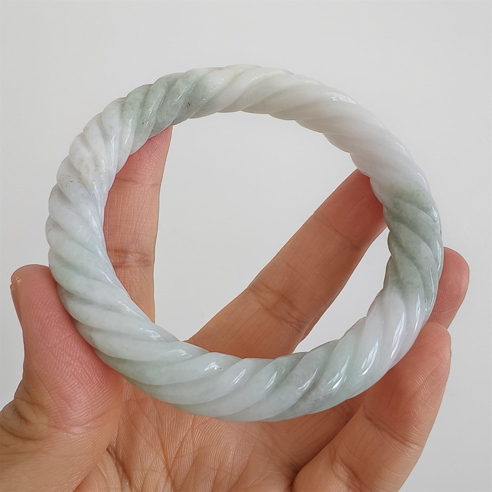 DDP | Natural Type A Certificated 59mm Green White Burmese Jadeite Round Band Twisted Pattern Bangle,DIY Jewelry Supplies