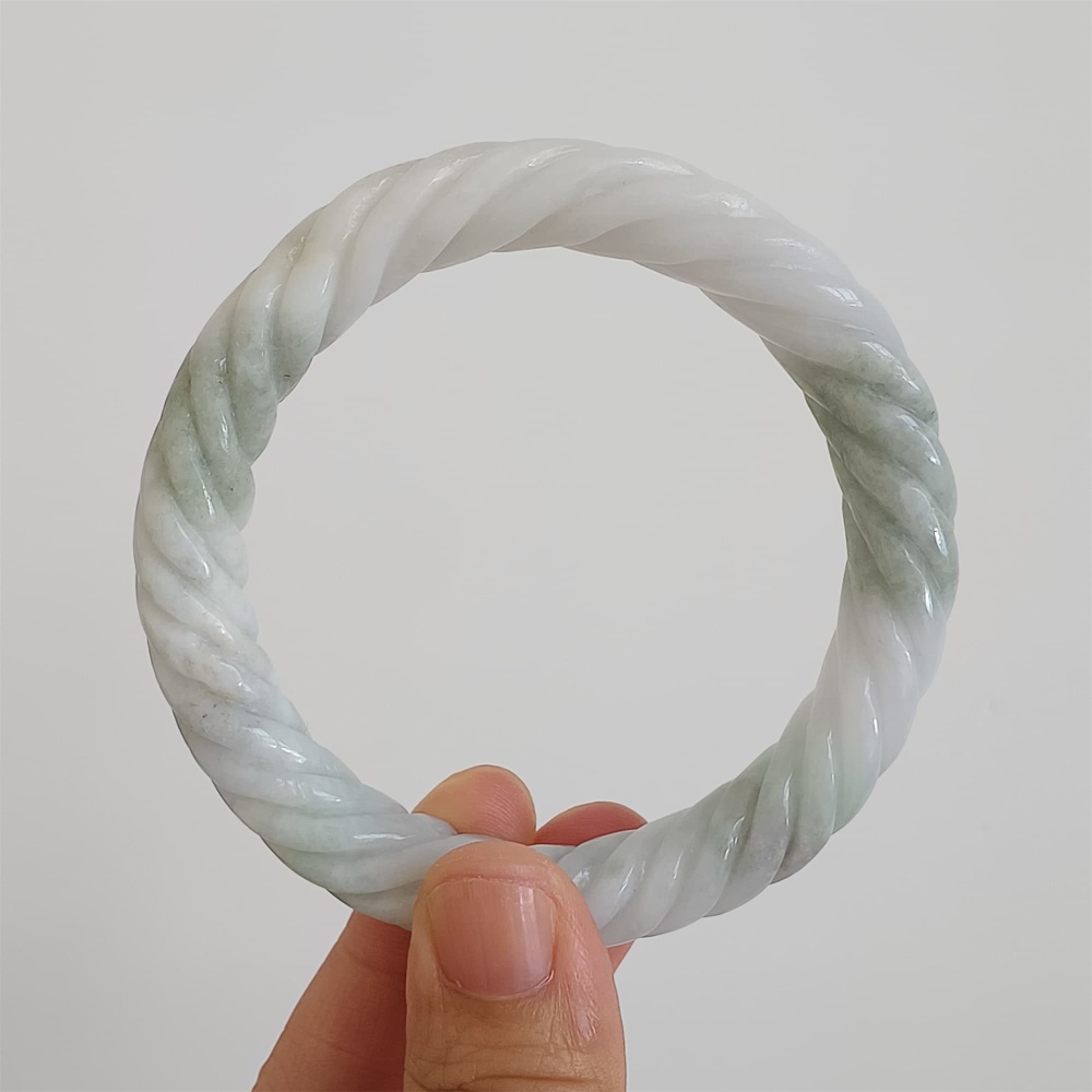 DDP | Natural Type A Certificated 59mm Green White Burmese Jadeite Round Band Twisted Pattern Bangle,DIY Jewelry Supplies