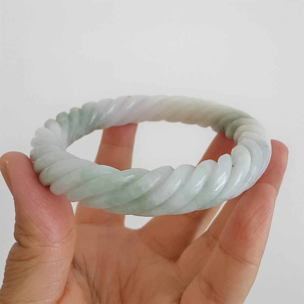 DDP | Natural Type A Certificated 59mm Green White Burmese Jadeite Round Band Twisted Pattern Bangle,DIY Jewelry Supplies