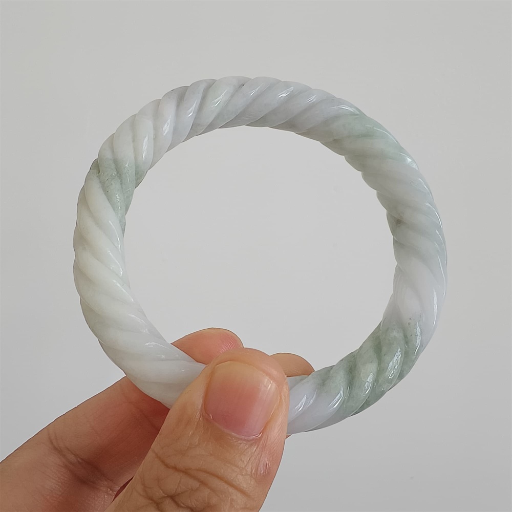 DDP | Natural Type A Certificated 59mm Green White Burmese Jadeite Round Band Twisted Pattern Bangle,DIY Jewelry Supplies