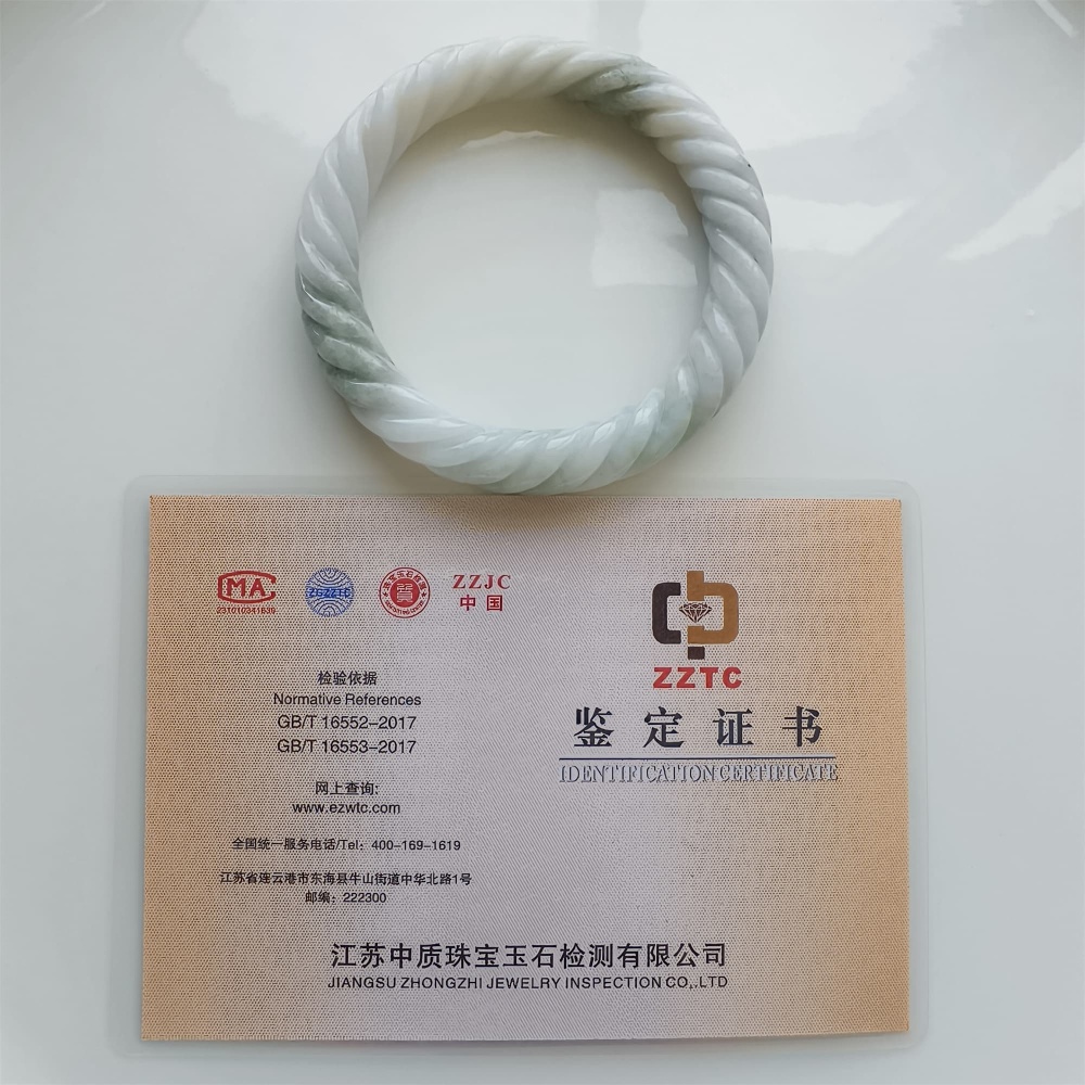 DDP | Natural Type A Certificated 59mm Green White Burmese Jadeite Round Band Twisted Pattern Bangle,DIY Jewelry Supplies
