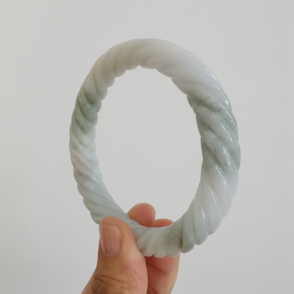 DDP | Natural Type A Certificated 59mm Green White Burmese Jadeite Round Band Twisted Pattern Bangle,DIY Jewelry Supplies