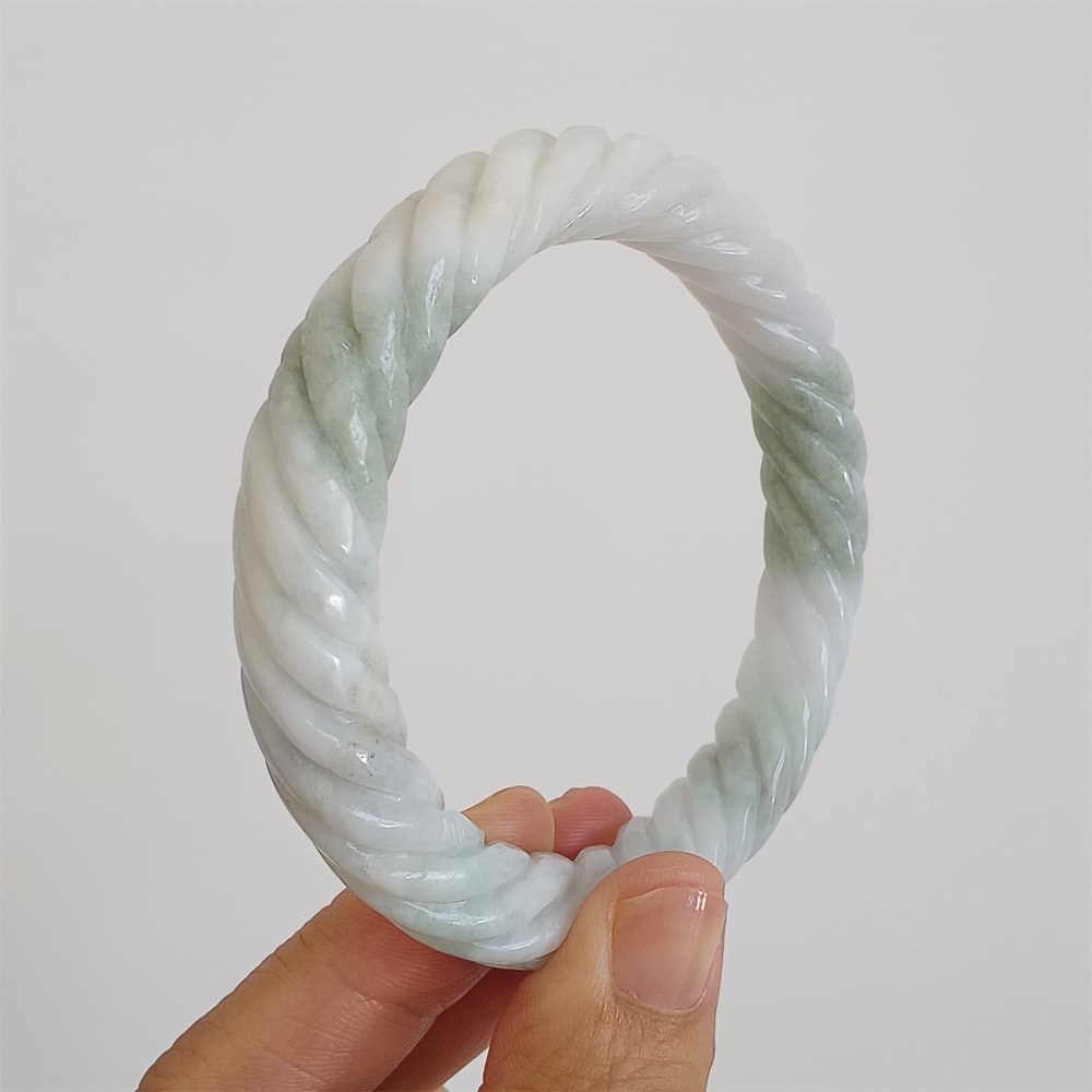 DDP | Natural Type A Certificated 59mm Green White Burmese Jadeite Round Band Twisted Pattern Bangle,DIY Jewelry Supplies
