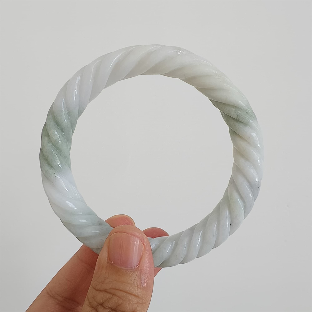 DDP | Natural Type A Certificated 59mm Green White Burmese Jadeite Round Band Twisted Pattern Bangle,DIY Jewelry Supplies
