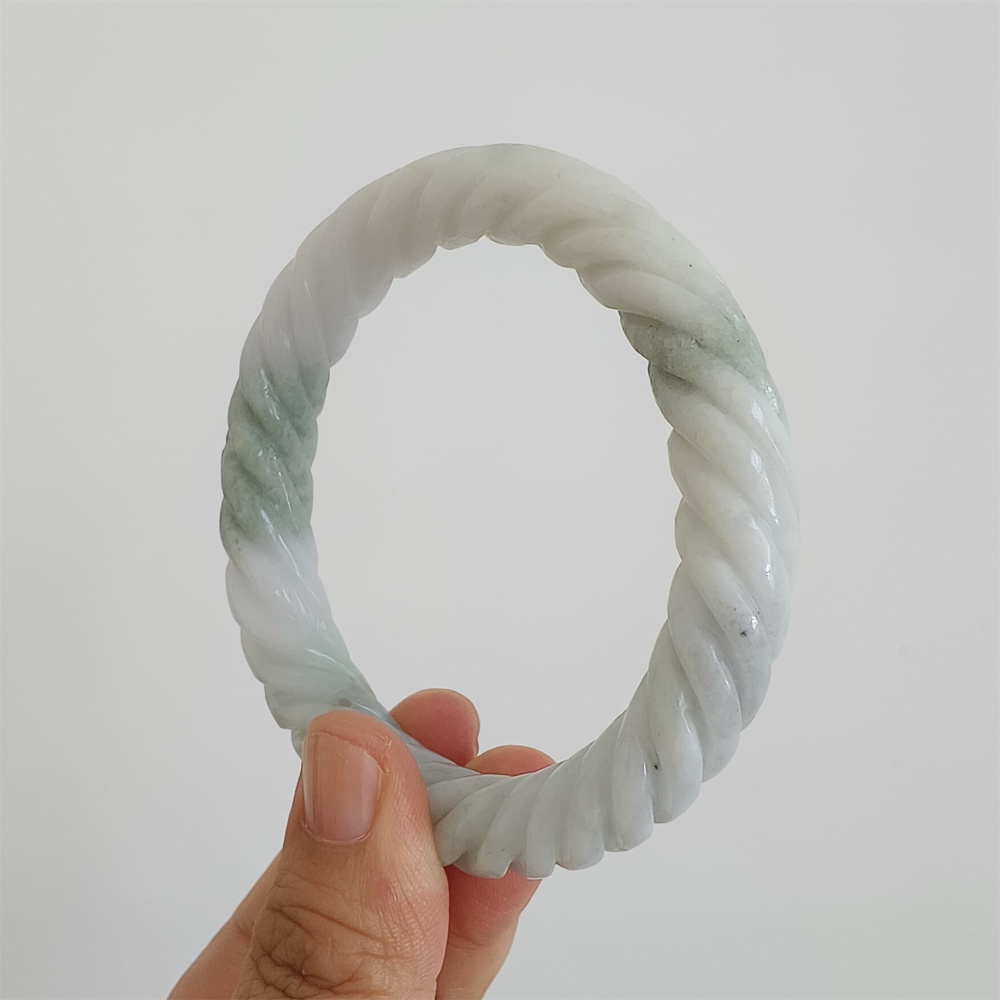 DDP | Natural Type A Certificated 59mm Green White Burmese Jadeite Round Band Twisted Pattern Bangle,DIY Jewelry Supplies