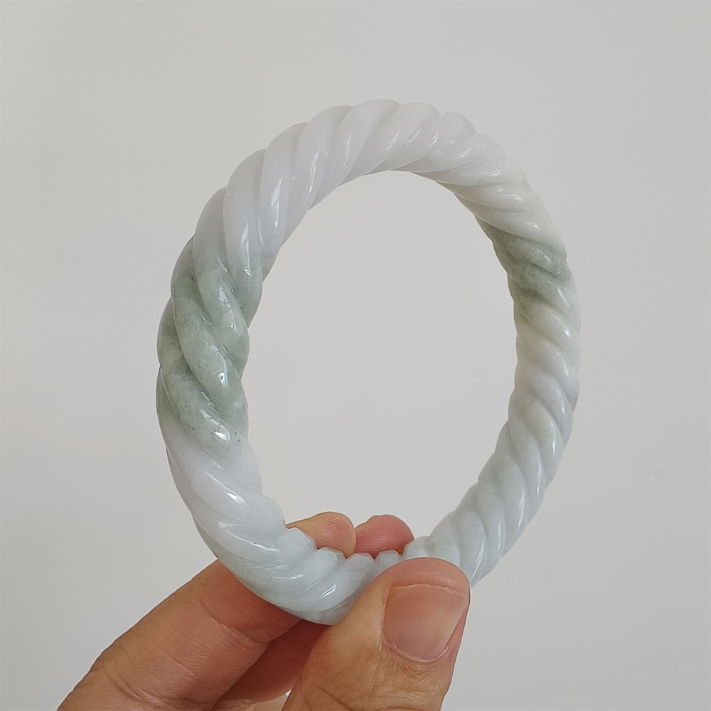 DDP | Natural Type A Certificated 59mm Green White Burmese Jadeite Round Band Twisted Pattern Bangle,DIY Jewelry Supplies