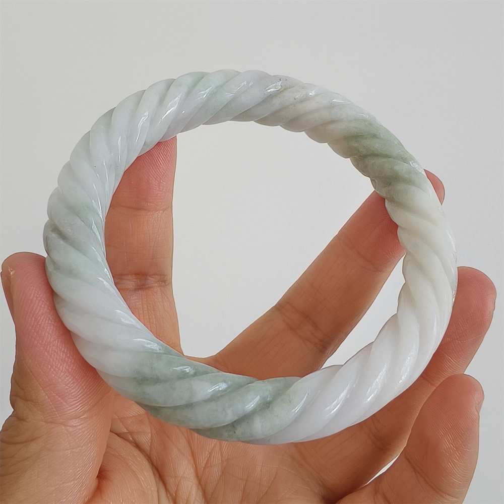 DDP | Natural Type A Certificated 59mm Green White Burmese Jadeite Round Band Twisted Pattern Bangle,DIY Jewelry Supplies