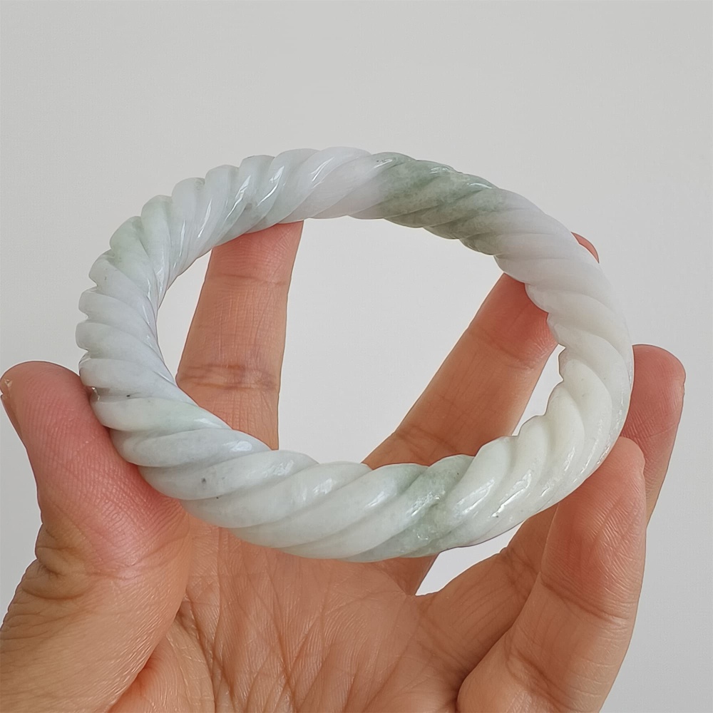 DDP | Natural Type A Certificated 59mm Green White Burmese Jadeite Round Band Twisted Pattern Bangle,DIY Jewelry Supplies
